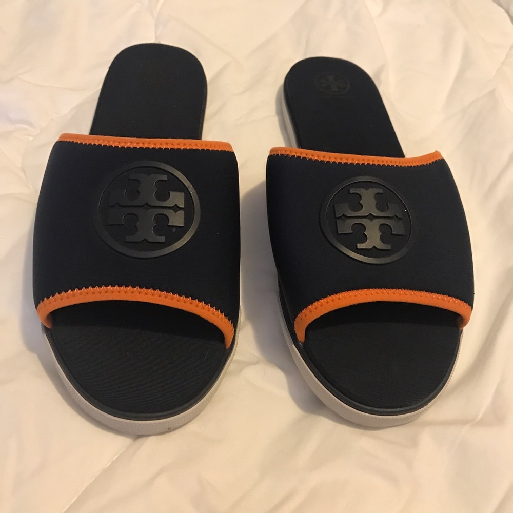 Tory Burch Neoprene Orange and Navy Slides